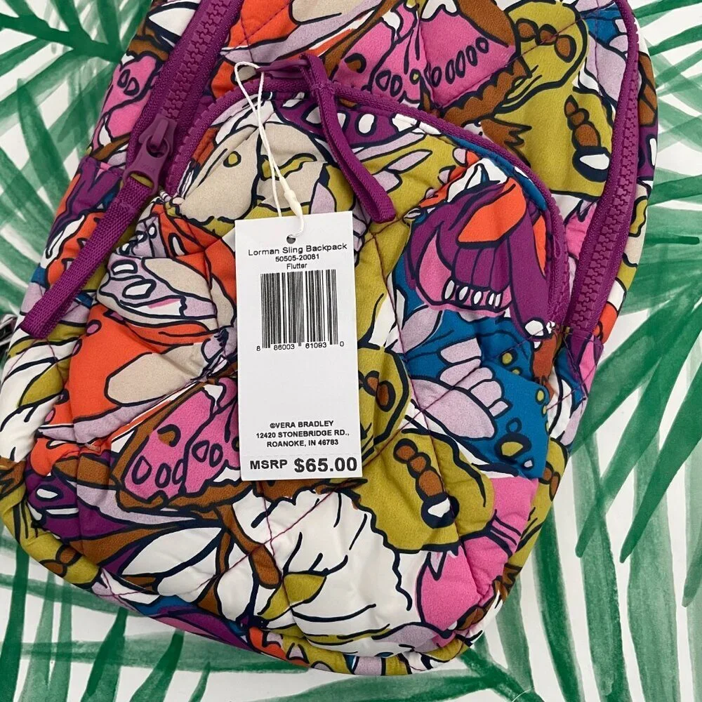 Vera Bradley Lorman Nylon Sling Backpack in Flutter Butterfly Purple